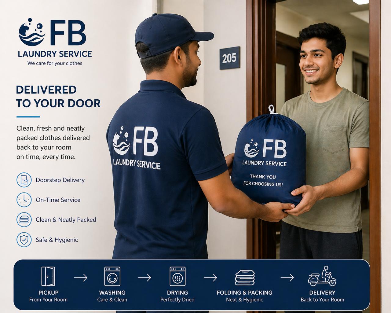 FB Laundry delivering clean clothes back to student hostel room door on time