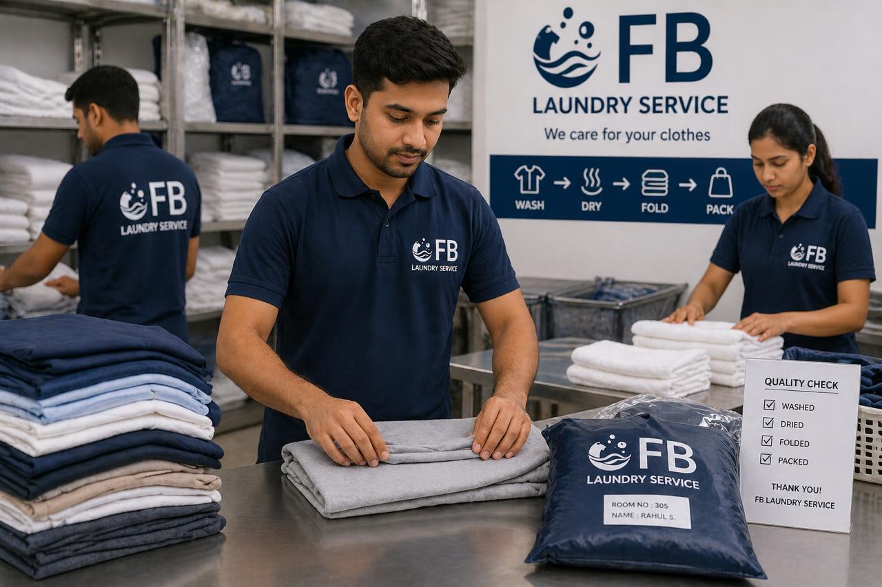FB Laundry team folding, quality checking and packing clothes by room number