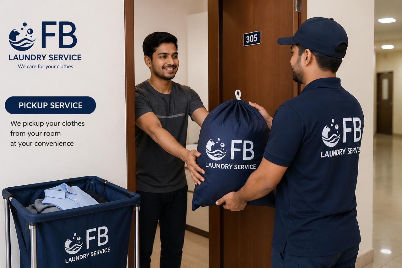 FB Laundry staff picks up clothes bag from student hostel room door