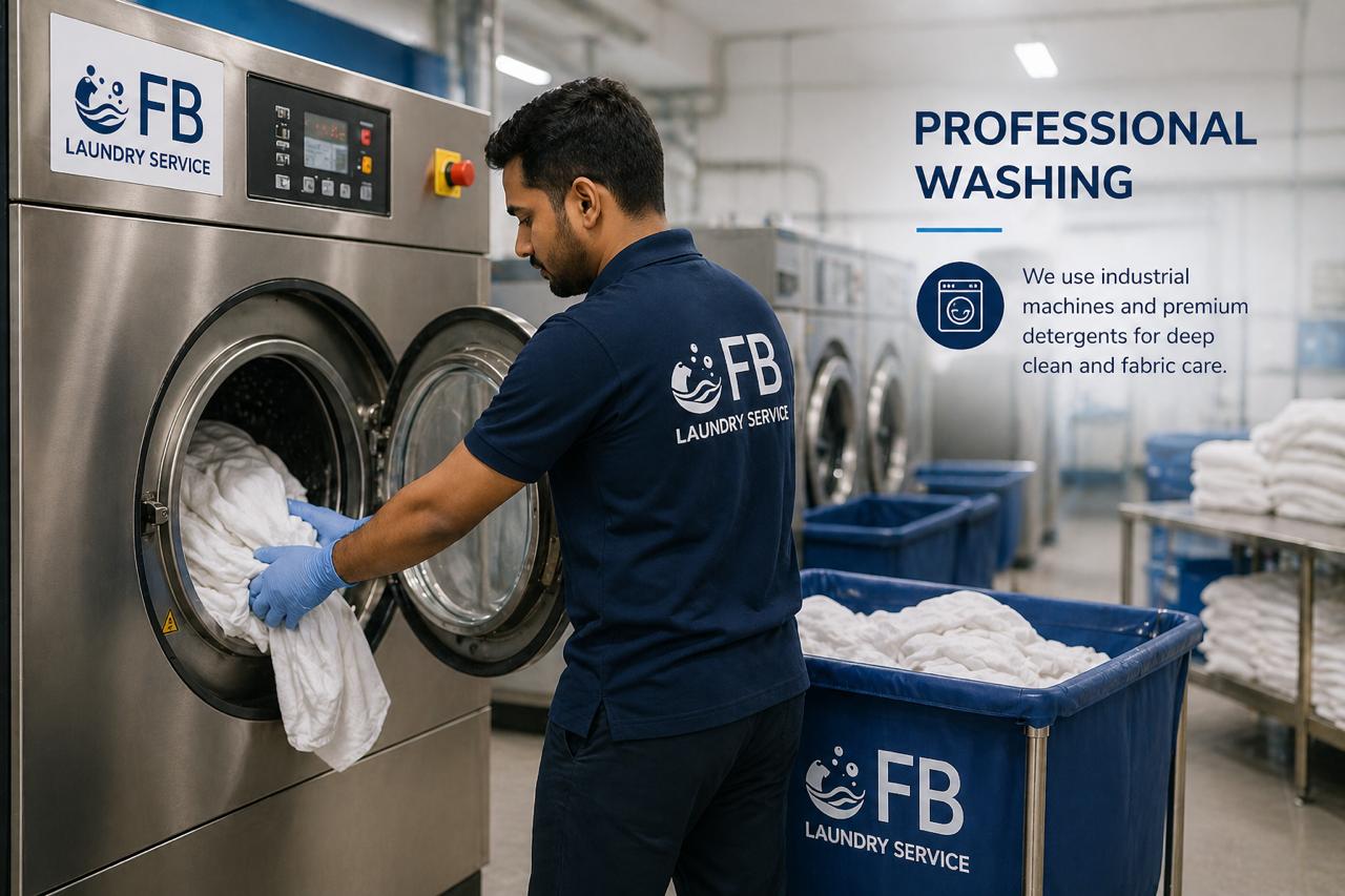 FB Laundry staff operating industrial washing machines with premium detergents